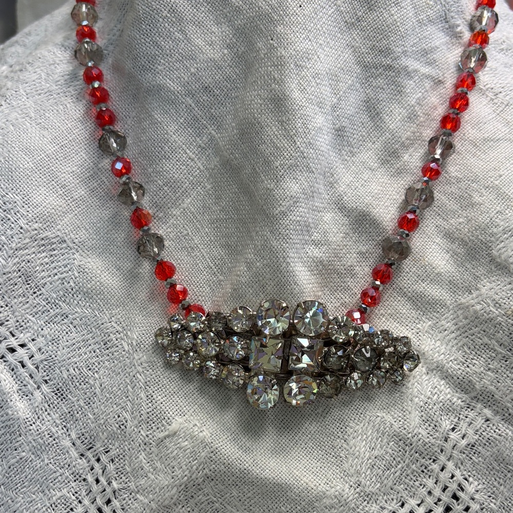 Red Crystal Bead Necklace with Sparkling Rhinestone Pendant - Matching Earrings